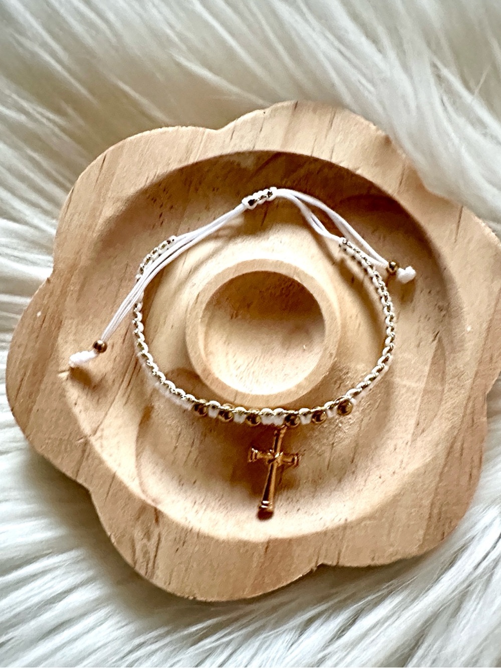 Handmade White String Adjustable Bracelet with Gold Tone Cross and Beads
